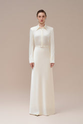 Long-Sleeve Satin Maxi Dress with Shirt Collar and Fitted Waist Detail